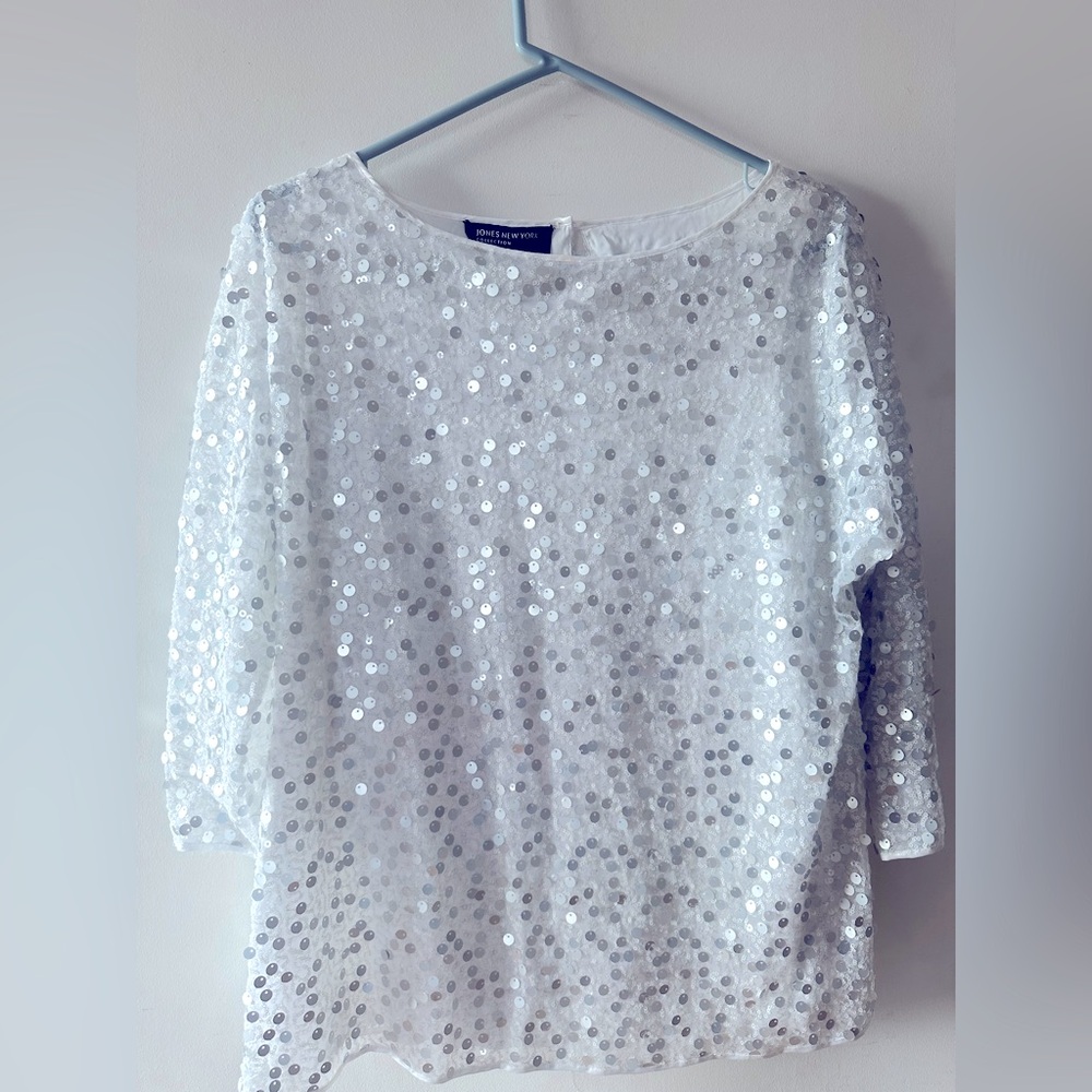 Jones New York Signature White Sequined Long Sleeve Top NWT Size: 10